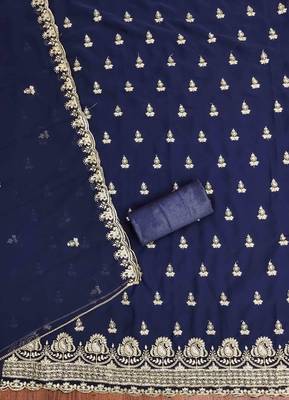 blue georgette embroidered unstitched dressmaterials 3 pair top bottom dupptaa 2