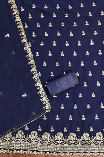 blue georgette embroidered unstitched dressmaterials 3 pair top bottom dupptaa