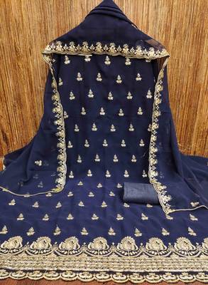 blue georgette embroidered unstitched dressmaterials 3 pair top bottom dupptaa 3