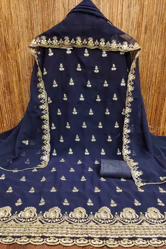 blue georgette embroidered unstitched dressmaterials 3 pair top bottom dupptaa