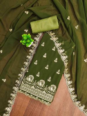 sea green georgette embroidered unstitched dressmaterials 3 pair top bottom dupptaa 1