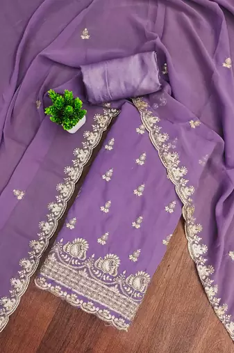 lavender georgette embroidered unstitched dressmaterials 3 pair top bottom dupptaa