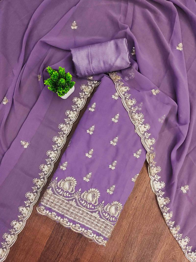lavender georgette embroidered unstitched dressmaterials 3 pair top bottom dupptaa