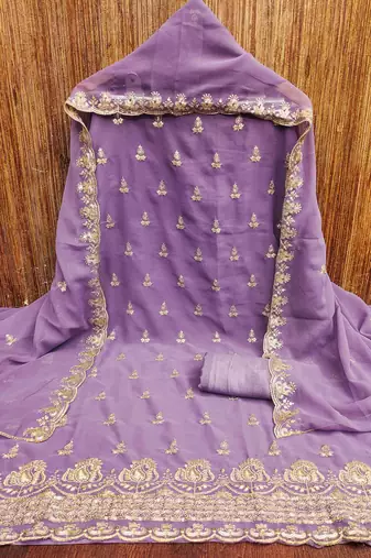lavender georgette embroidered unstitched dressmaterials 3 pair top bottom dupptaa