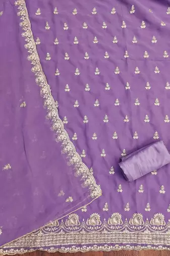 lavender georgette embroidered unstitched dressmaterials 3 pair top bottom dupptaa
