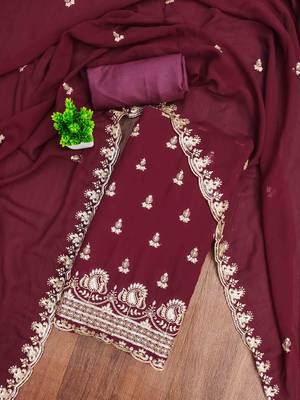 maroon georgette embroidered unstitched dressmaterials 3 pair top bottom dupptaa 1