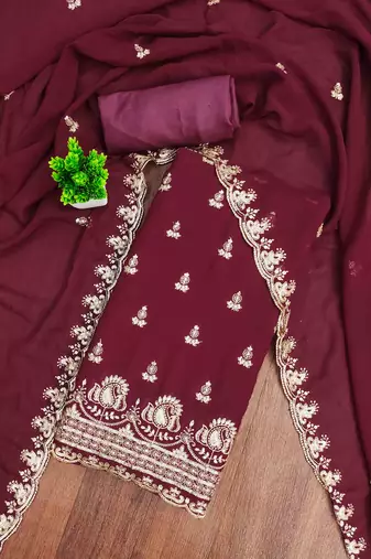 maroon georgette embroidered unstitched dressmaterials 3 pair top bottom dupptaa