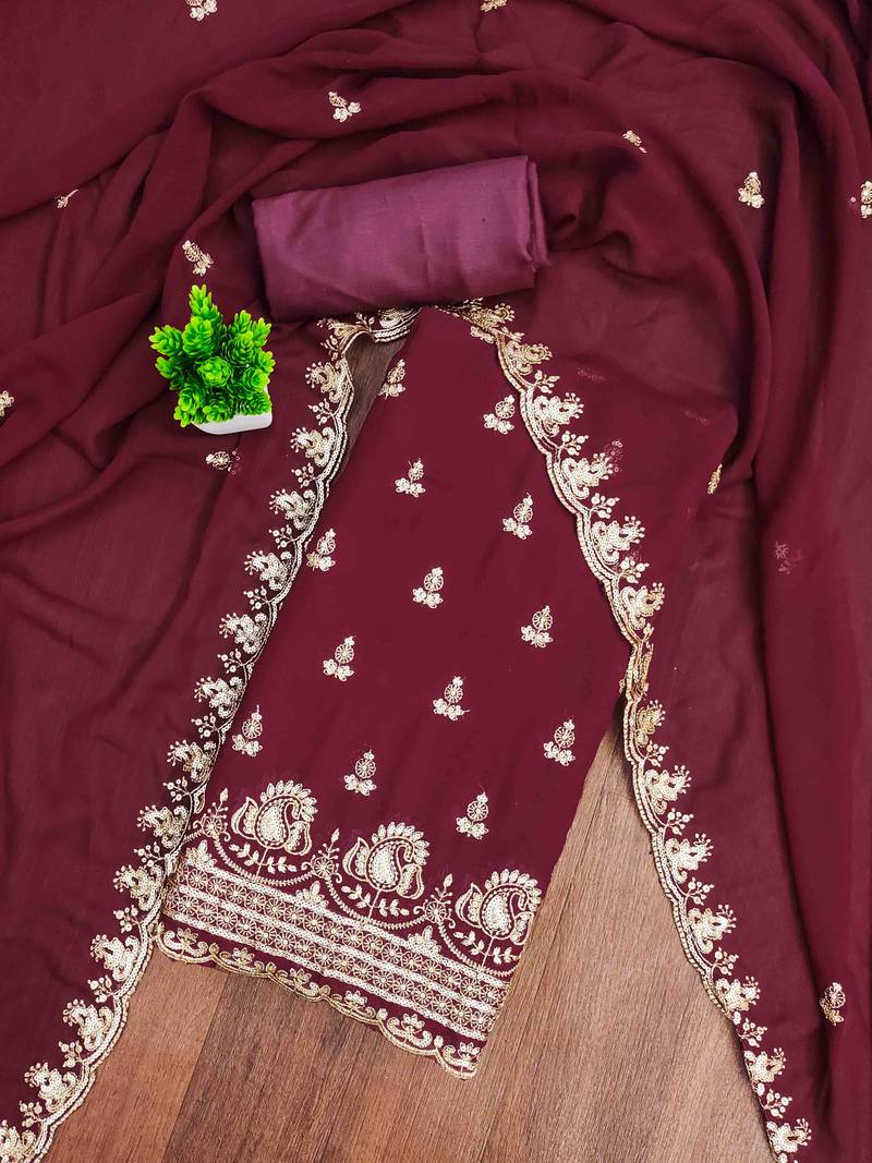 maroon georgette embroidered unstitched dressmaterials 3 pair top bottom dupptaa