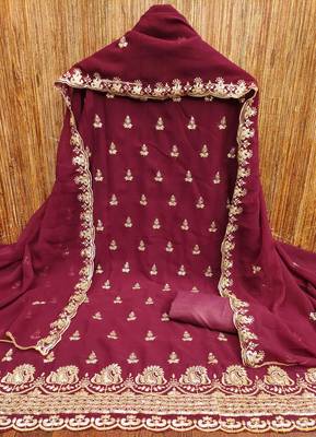 maroon georgette embroidered unstitched dressmaterials 3 pair top bottom dupptaa 3