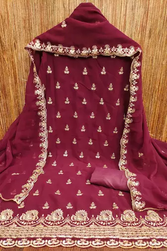 maroon georgette embroidered unstitched dressmaterials 3 pair top bottom dupptaa