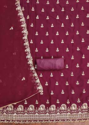 maroon georgette embroidered unstitched dressmaterials 3 pair top bottom dupptaa 4