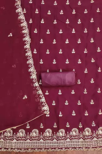 maroon georgette embroidered unstitched dressmaterials 3 pair top bottom dupptaa