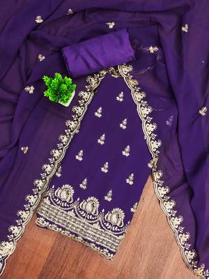 purple georgette embroidered unstitched dressmaterials 3 pair top bottom dupptaa 1