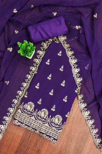 purple georgette embroidered unstitched dressmaterials 3 pair top bottom dupptaa
