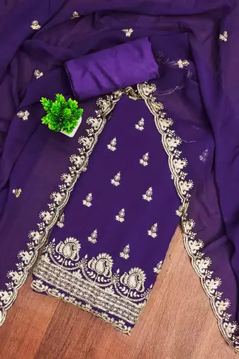purple georgette embroidered unstitched dressmaterials 3 pair top bottom dupptaa