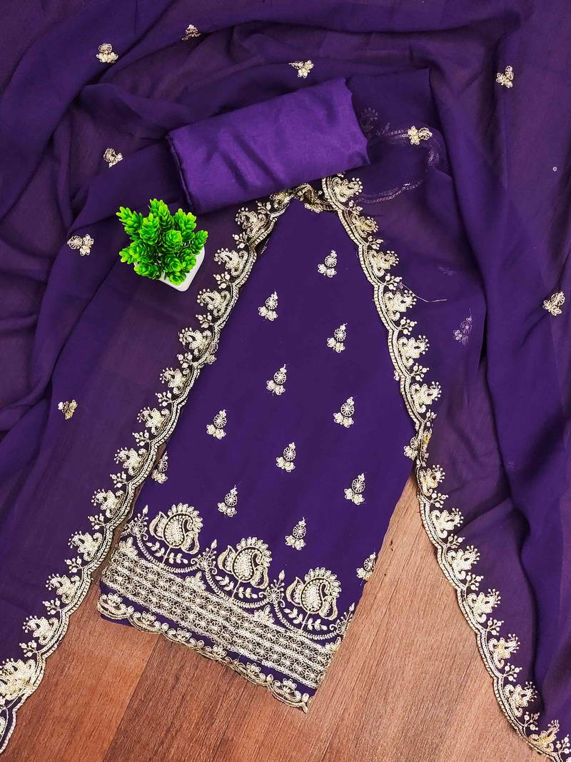 purple georgette embroidered unstitched dressmaterials 3 pair top bottom dupptaa