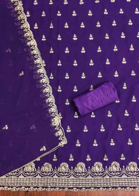 purple georgette embroidered unstitched dressmaterials 3 pair top bottom dupptaa 3