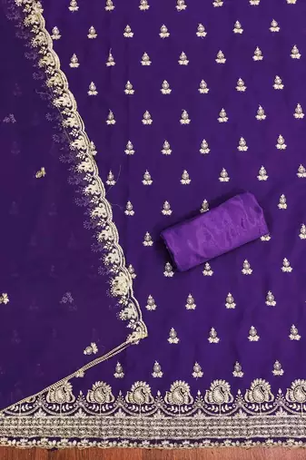 purple georgette embroidered unstitched dressmaterials 3 pair top bottom dupptaa