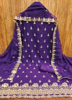 purple georgette embroidered unstitched dressmaterials 3 pair top bottom dupptaa 4