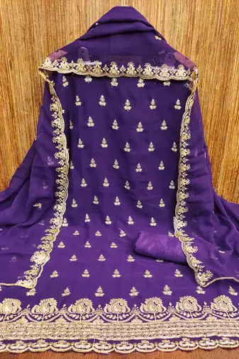 purple georgette embroidered unstitched dressmaterials 3 pair top bottom dupptaa