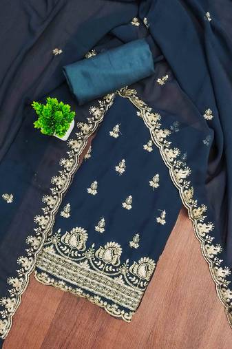 indigo georgette embroidered unstitched dressmaterials 3 pair top bottom dupptaa