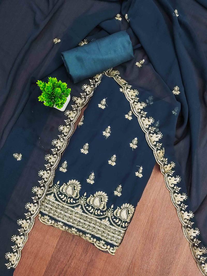 indigo georgette embroidered unstitched dressmaterials 3 pair top bottom dupptaa