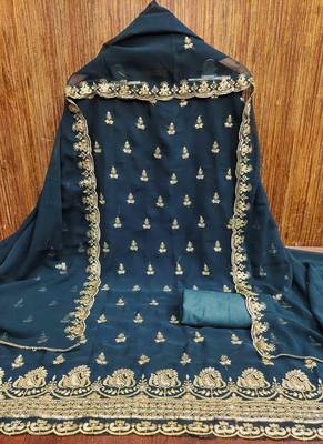 indigo georgette embroidered unstitched dressmaterials 3 pair top bottom dupptaa 2