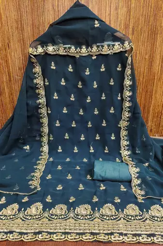 indigo georgette embroidered unstitched dressmaterials 3 pair top bottom dupptaa
