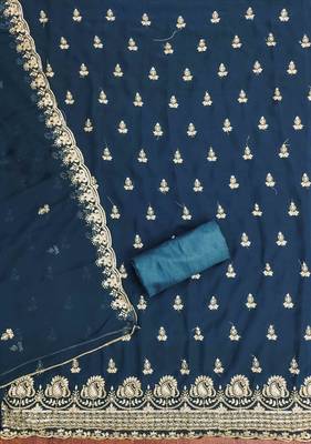indigo georgette embroidered unstitched dressmaterials 3 pair top bottom dupptaa 4