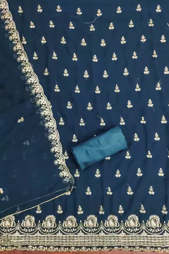 indigo georgette embroidered unstitched dressmaterials 3 pair top bottom dupptaa
