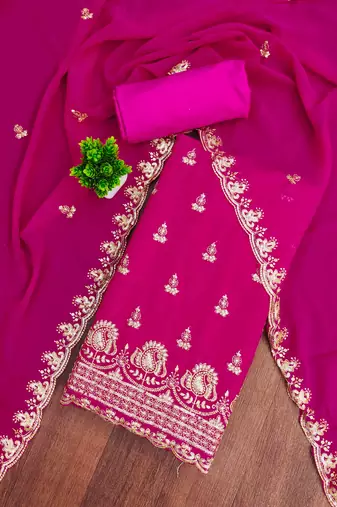 pink georgette embroidered unstitched dressmaterials 3 pair top bottom dupptaa