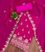 pink georgette embroidered unstitched dressmaterials 3 pair top bottom dupptaa