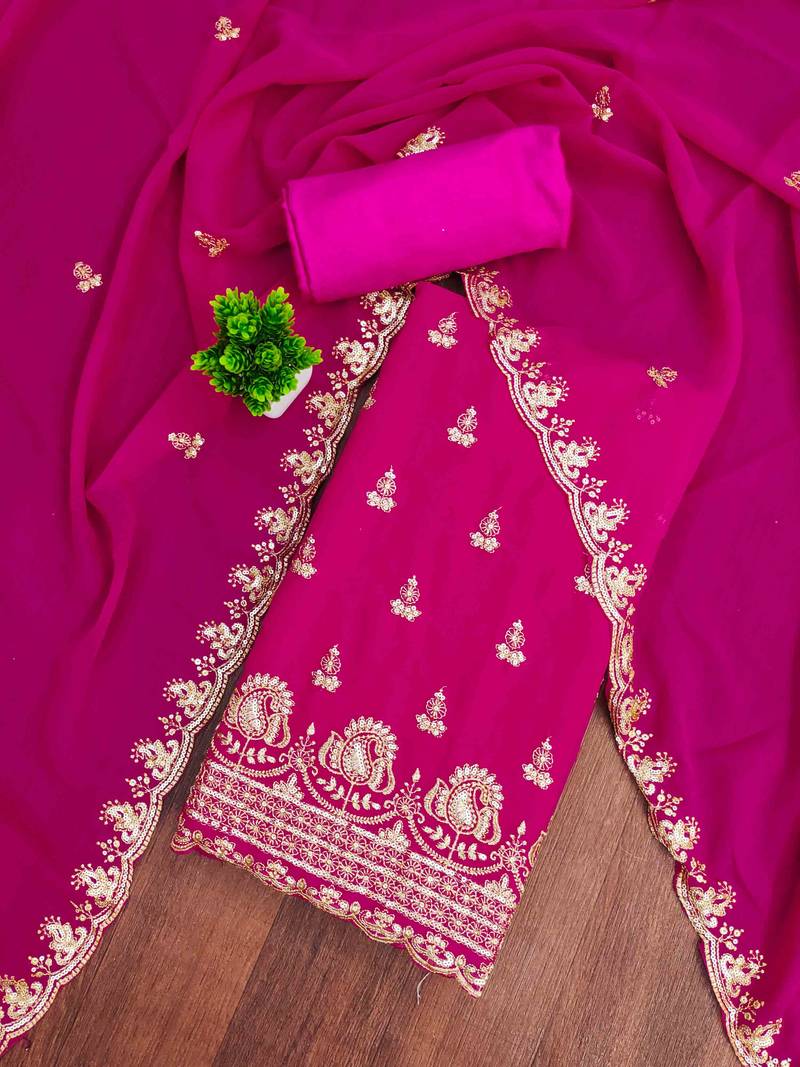 pink georgette embroidered unstitched dressmaterials 3 pair top bottom dupptaa