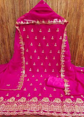pink georgette embroidered unstitched dressmaterials 3 pair top bottom dupptaa 2