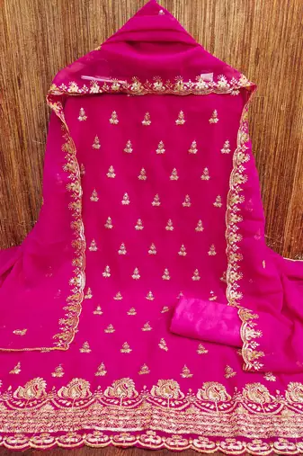 pink georgette embroidered unstitched dressmaterials 3 pair top bottom dupptaa