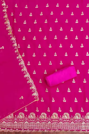 pink georgette embroidered unstitched dressmaterials 3 pair top bottom dupptaa