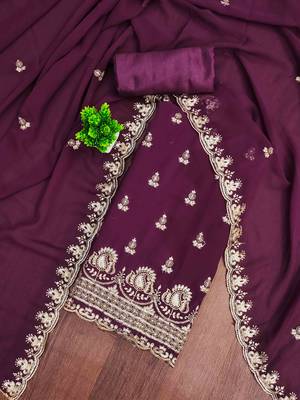 wine georgette embroidered unstitched dressmaterials 3 pair top bottom dupptaa 1