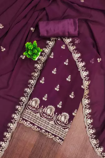 wine georgette embroidered unstitched dressmaterials 3 pair top bottom dupptaa