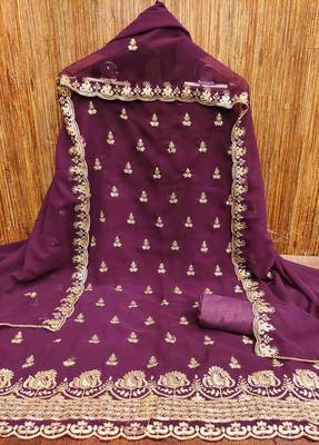 wine georgette embroidered unstitched dressmaterials 3 pair top bottom dupptaa 2