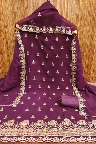 wine georgette embroidered unstitched dressmaterials 3 pair top bottom dupptaa