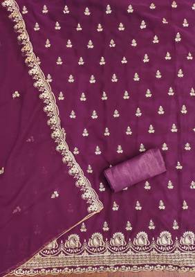 wine georgette embroidered unstitched dressmaterials 3 pair top bottom dupptaa 4