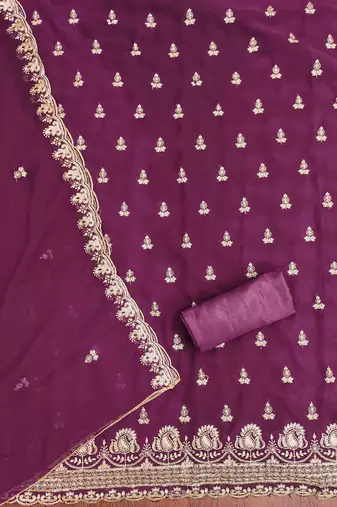 wine georgette embroidered unstitched dressmaterials 3 pair top bottom dupptaa