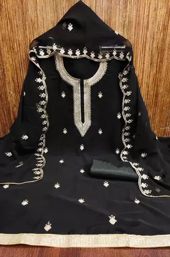 black georgette embroidered unstitched dressmaterials 3 pair top bottom dupptaa