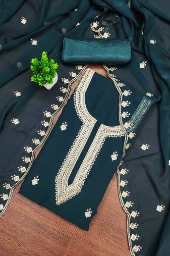blue georgette embroidered unstitched dress materials 3 pair top bottom dupatta