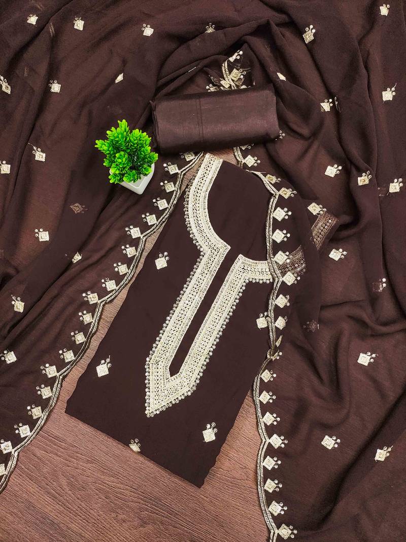 brown georgette embroidered unstitched dressmaterials 3 pair top bottom dupptaa