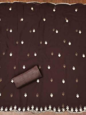 brown georgette embroidered unstitched dressmaterials 3 pair top bottom dupptaa 2
