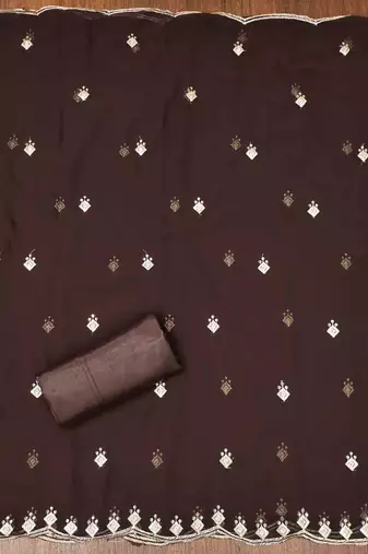 brown georgette embroidered unstitched dressmaterials 3 pair top bottom dupptaa