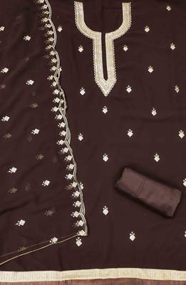 brown georgette embroidered unstitched dressmaterials 3 pair top bottom dupptaa 3