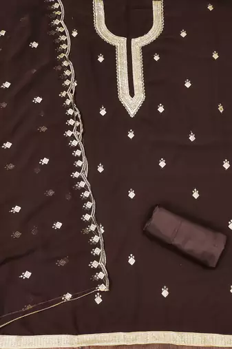 brown georgette embroidered unstitched dressmaterials 3 pair top bottom dupptaa