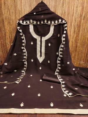 brown georgette embroidered unstitched dressmaterials 3 pair top bottom dupptaa 4